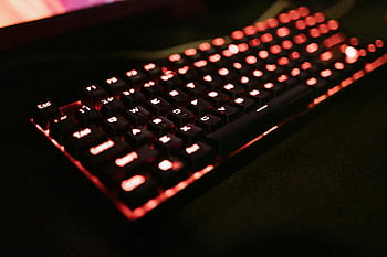 mechanical keyboard, close-up view, red LED backlighting, gaming enthusiasts, illuminated keyboard, close-up photo, keyboard details, gaming setup, keyboard lighting, red backlight, mechanical keys