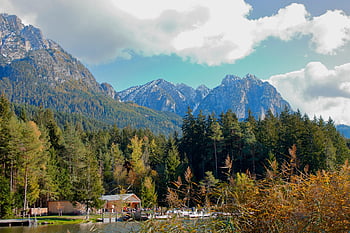 mountains, trees, forest, cabin, lake, alpine, dolomites, fiè Lake, val Gardena, trentino, italy