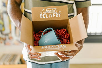 special delivery, coffee mug, hand holding box, product packaging, online shopping, small business, gift box, delivery service, e commerce, unboxing, retail packaging