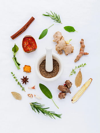 spezie, erbe aromatiche, mortaio e pestello, distesa piatta, sfondo bianco, cannella, Zenzero, Curcuma, foglie di alloro, rosmarino, timo