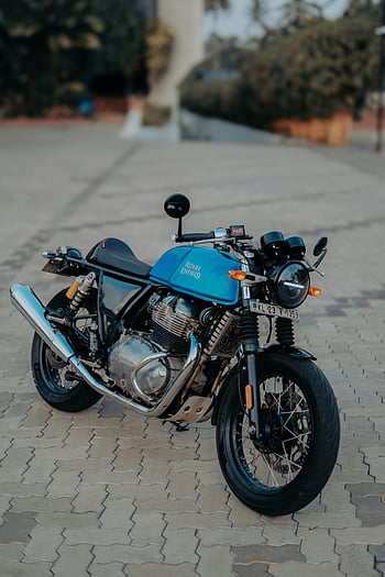 ロイヤルエンフィールド、 GT 650、 オートバイ、 駐車中、 舗装、 シティ、 青、 ロイヤルエンフィールド GT 650、 都市、 通り、 自転車