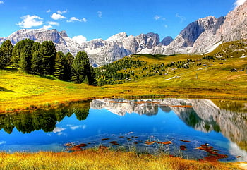 mountains, serene lake, lush greenery, clear blue skies, trees near water, mountain reflection, tranquil landscape, natural beauty, outdoor scenery, peaceful environment, alpine view