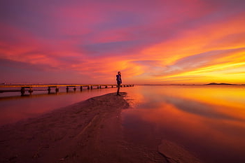 sea, ocean, lake, silohuette, morning, sunrise, sunset, man, colorful, mar Menor, cartagena