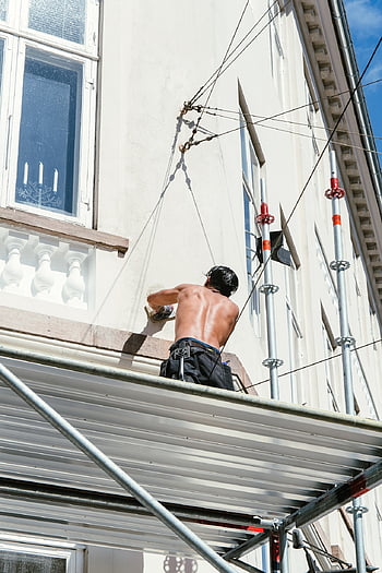 ワーカー、 画家、 工事、 ハウスビル、 ファサード、 足場、 建設、 建築、 建物、 作業、 シティ