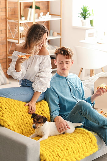 çift, Gıda, ev, Pizza, köpek, boş, yemek yiyor, adam, Kadın, ilişki, birlikte
