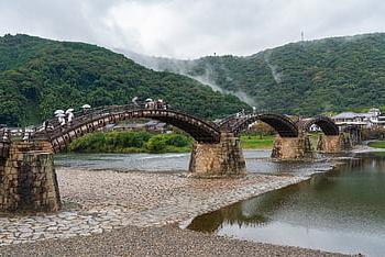 Kintai Bridge, dřevěný most, Dřevěný obloukový most, obloukový most, tok, krajina, historický, japonský, tradiční, architektura, Japonsko