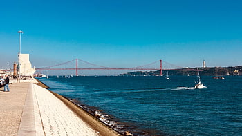 bridge, pier, coast, boat, ocean, landmark, lisbon, portugal, architecture, city, lisboa