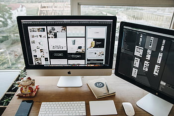 jablko imac, magická klávesnice, kouzelná myš, duální monitory, dřevěný stůl, pracovního prostoru, Návrh produktivity, dobře organizovaný, výrobky z jablek, kancelář nastavení, stolní příslušenství