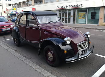 citroen, 2cv, charleston, 1987, vintagebil, klassisk bil, chalon sur saone, gateparkering, rødbrun, svart