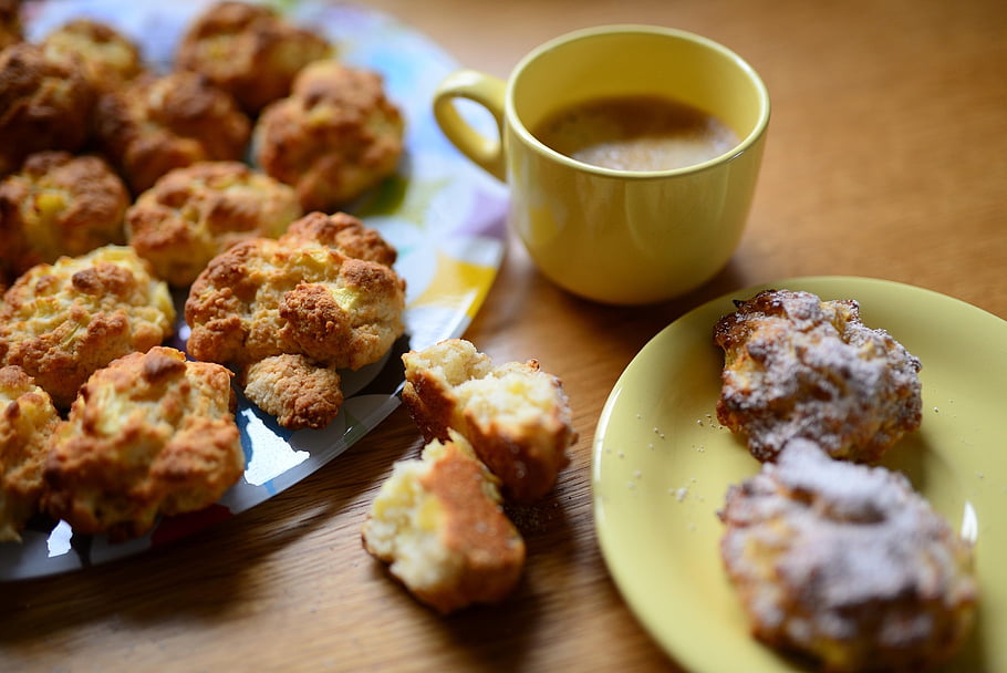 pečivo, káva, jídlo, Svačina, dezert, dort, scones, pečený, sladký, Chutný, Lahodné