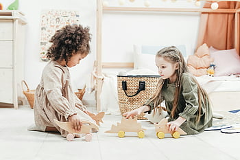 ragazze che giocano, giocattoli di legno, giocattoli di dinosauro in legno, sala giochi al coperto, giovani ragazze, ricreazione, giocattoli per bambini, gioco al coperto, bambini che giocano, Playthings in legno, ambiente della sala giochi