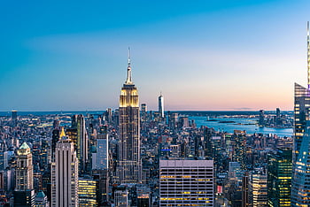 New York City, panoráma, soumrak, říše státní budovy, mrakodrapy, panoráma města, svítí, městský, Manhattan, ikonický