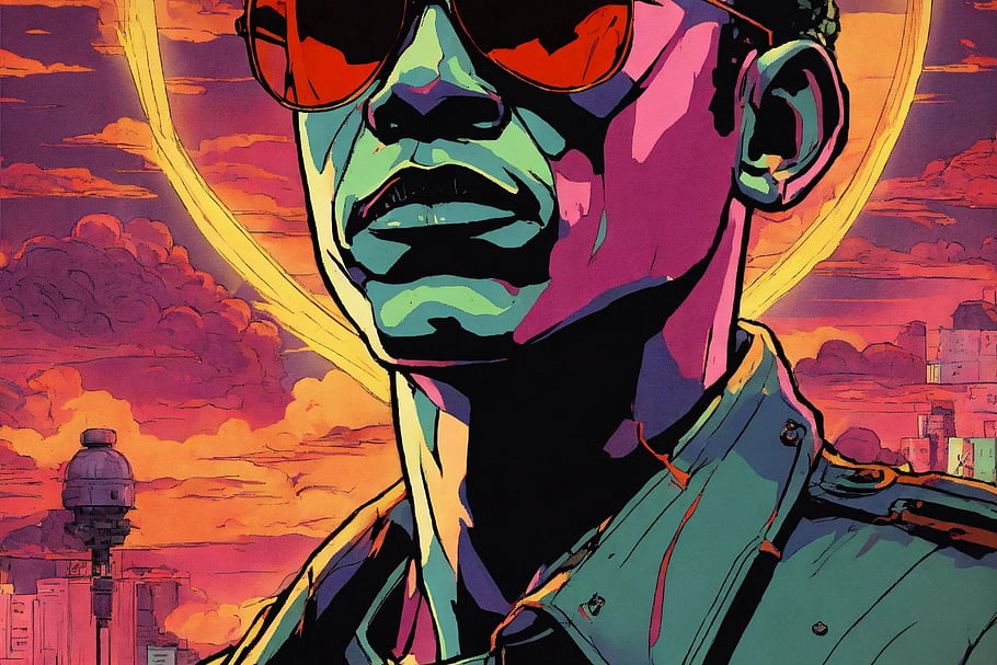 muž, západ slunce, barvitý, tvořivý, moderní umění, psychedelické, vinobraní, retro, cyberpunk, grafický, textura