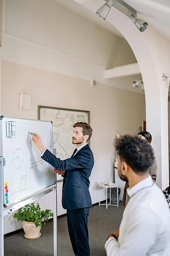 firemní oděv, obchodní profesionály, Prezentace tabule, setkání týmu, Nastavení kanceláře, Profesionální diskuse, pracovní schůzka, tabule, Spolupráce týmu, Kancelářské prostředí, obchodní prezentace
