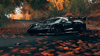 Black McLaren, supercar, dedaunan musim gugur, mobil mewah, Kendaraan kinerja, pemandangan jalan, mobil hitam, musim gugur, kinerja mewah, mobil yang diparkir, jalan yang indah