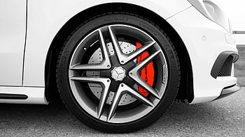Mercedes-Benz, 10 spoke wheel, gray and black, red brake caliper, luxury car, performance vehicle, detailed shot, car wheel, high-end vehicle, automotive design, AMG wheel