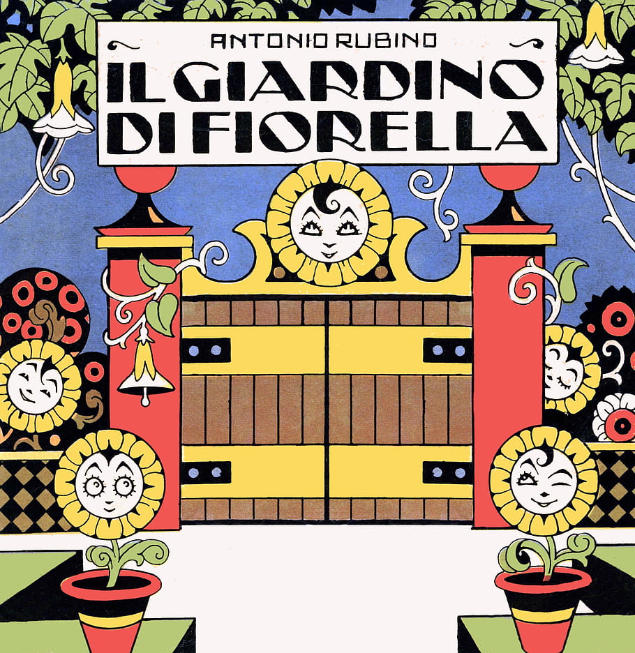 Vintage ilustrace, Evropa, Rubino, italia, Itálie, obal knihy, zahrada, květiny, secese, barevný design, Rozmarné umění