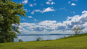 jezero, park, nebe, mraky, voda, louka, stromy, Příroda, nálada, scenérie, scénický