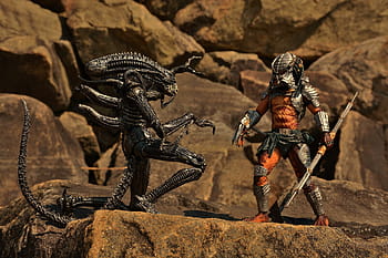 mimozemšťan, dravec, mimozemšťané, vs, predátory, neca, akční figurky, sci-fi, bitevní scéna, skalnatý terén, fotografování hraček