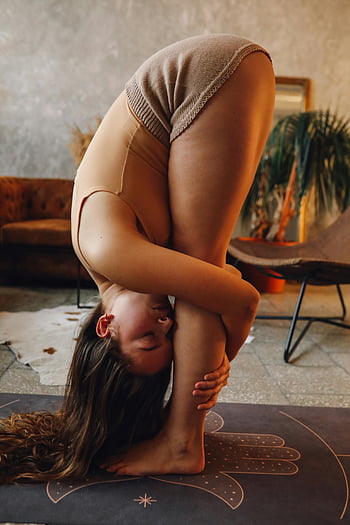 yoga pose, young woman, indoor yoga, flexibility, tranquility, holding legs, headstand variation, indoor exercise, fitness, home workout, yoga mat