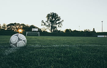 fotbalový míč, pole, svítání, klidná krajina, branková tyč, tráva, venku, klidný, Příroda, Sportovní obrázky, Ranní obrázky