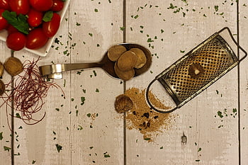 muskat, krydder, mat, kokk, matfotografering, flatlay
