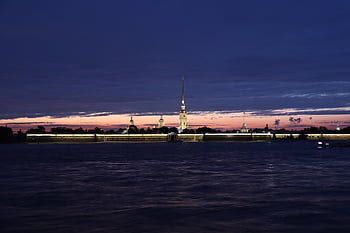 Petrohrad, Rusko, západ slunce, řeka, věž, pevnost peter a paul, neva, mezník, historický, soumrak, noc