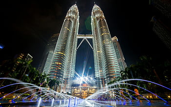 δίδυμους πύργους petronas, kuala lumpur, Μαλαισία, νυχτερινή θέα, φωτεινός, σιντριβάνια, αστικό τοπίο, αρχιτεκτονική, ορόσημο, ουρανοξύστες, αστικός