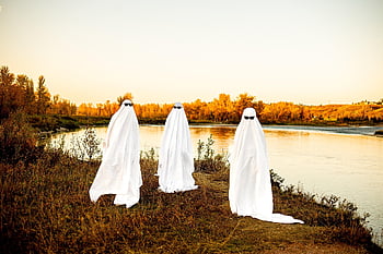 fantasmas, Víspera de Todos los Santos, naturaleza, otoño, disfraz, lago, al aire libre, disfraz de Halloween, fantasma