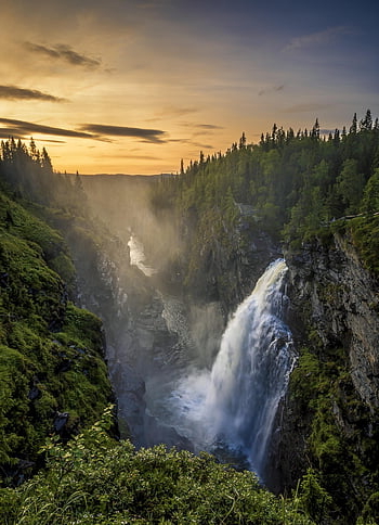 waterfall, sweden, water, nature, landscape, flow, forest, bach, fjäll, trees, rapids