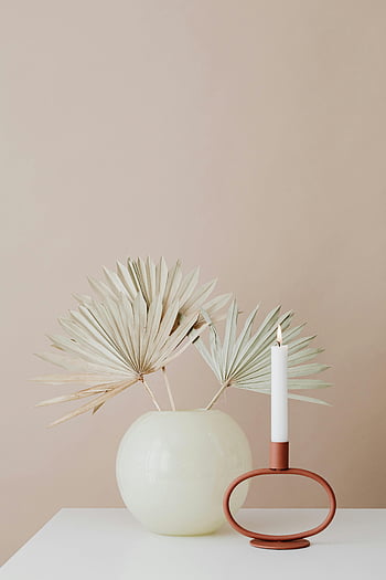 Minimalistische Innenausstattung, Kerzenhalter, Vase, getrocknete Palmenblätter, elegantes Design, minimalistisches Setup, Innenausstattung, moderne Einrichtung, einfaches Design, Wohnkultur, neutrale Farben