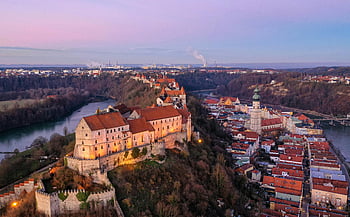 aerial view, Burghausen Castle, twilight, historical architecture, scenic views, surrounding town, aerial shot, castle, town, Germany, architecture
