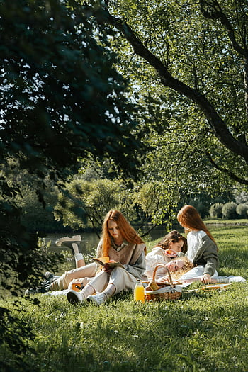 Kvinder picnic, parkere, Fredelig picnic, udendørs, frodige træer, Kvinder nyder, picnic-kurv, solskinsdag, grønt græs, Naturindstilling, lempelse