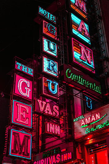 semnalizare hotel, semne cu neon, noaptea, luminile colorate, Hoteluri din oraș, culori vii, Iluminare dinamică, a condus semnalizarea, exteriorul clădirii, Viața de noapte urbană, reclame hoteliere