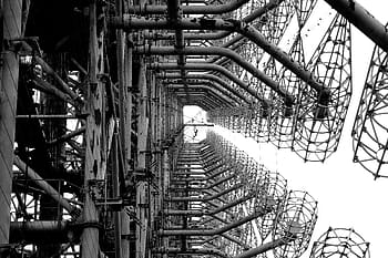 Duga-1, antenna array, Chernobyl, Ukraine, Soviet Union, Cold War, early warning system, black and white, Fujifilm X30, Russian Woodpecker, ballistic missiles