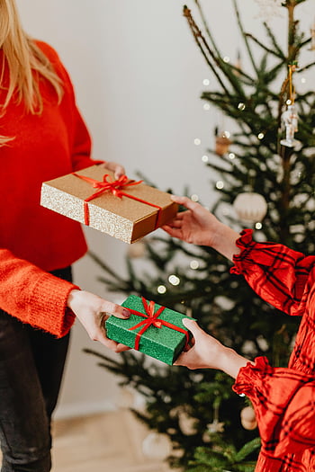 presentes de Natal, troca de presentes, árvore de natal decorada, Celebração interna, época natalícia, atmosfera festiva, Presentes embrulhados, laço vermelho, tradição de férias, encontro familiar, espirito natalino
