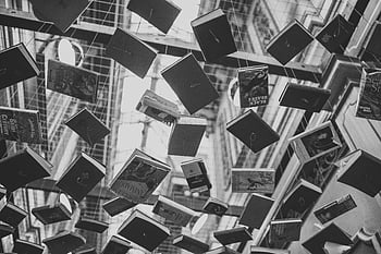 foto in scala di grigi, Libri sospesi, bianco e nero, Libri a mezz'aria, foto artistica, Libri indoor, edificio interno, Installazione del libro, Libri galleggianti, Immagine monocromatica