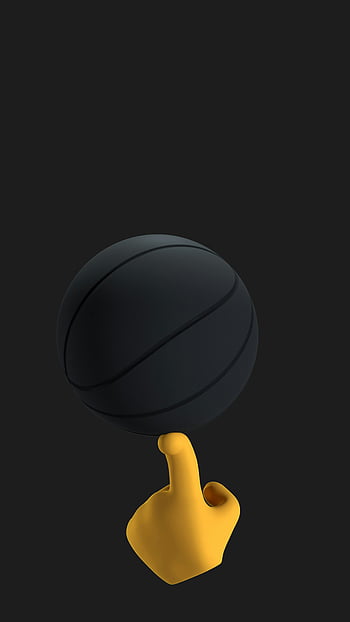 digital render, yellow hand, black basketball, 3D illustration, cartoon hand, balancing ball, finger, dark background, sports art, minimalistic design, digital art