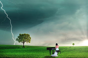 background, landscape, fantasy, storm, music, piano, darling, clouds, ray, female, digital Art