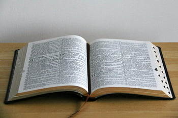open Bible, close-up shot, detailed text, wooden table, religious book, holy scripture, open pages, spiritual reading, book of faith, study material, religious study