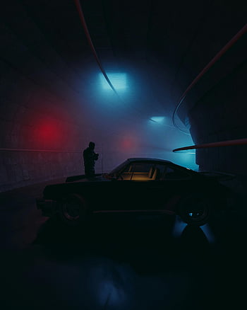 siluet, siyah ceketli adam, siyah araba, eski model araba, karamsar aydınlatma, Neon aydınlatmalı tünel, atmosferik sahne, karanlık tünel, Kırmızı ve Mavi Işıklar, gece çekimi, kentsel ayarı