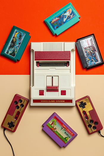 Винтидж Nintendo, игрален комплект, конзола за видеоигри, цветни касети, Жив фон, плоска, ретро игри, класически игри, система за видеоигри, контролери за игри, Носталгични игри