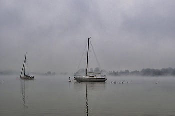 boats, fog, lake, haze, nature, outdoors, travel, exploration