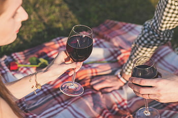 picnic romantico, bicchieri di vino, all'aperto, giorno soleggiato, coppia, Rose, coperta da picnic, vino rosso, ambientazione romantica, natura, rilassamento