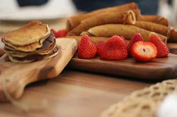 strawberry fruit, brown wooden board, pancakes, fresh strawberries, wooden boards, sweet breakfast, treat, close-up, breakfast food, healthy eating, dessert options