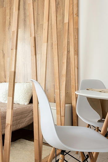 modern house, cozy interior, minimalist design, wooden accents, white chair, bed, partition, contemporary furniture, interior design, modern bedroom, white decor
