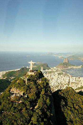 Kristus vykupitel, Rio de Janeiro, letecký snímek, jasné modré nebe, hora, socha, Brazílie, panoráma města, corcovado, Jižní Amerika, mezník