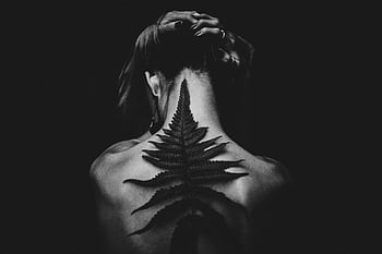 sort og hvid, tatoveret kvinde, Fern Design, Back Pose, kunstnerisk positur, grønne blade maleri, monokrom fotografering, kropskunst, fængslende billede, Fern Tattoo, tilbage tatovering
