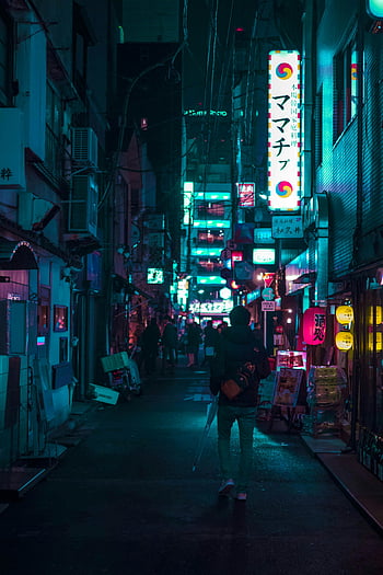 Tokyo, Japan, neon-lit streets, urban night life, people walking, night time, vibrant neon, city nightlife, street scene, alleyway, nightlife Tokyo