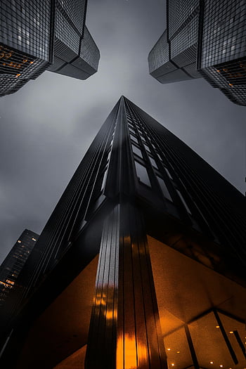 widok oka robaka, drapacze chmur, nastrojowe nocne niebo, architektura nowoczesna, niski kąt widzenia, miejska linia horyzontu, pejzaż miejski, wysokie budynki, fotografia architektoniczna, fotografia nocna, środowisko miejskie